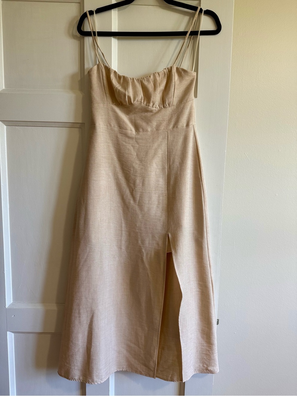 Spaghetti Strap Cream Midi Dress with Front Slit